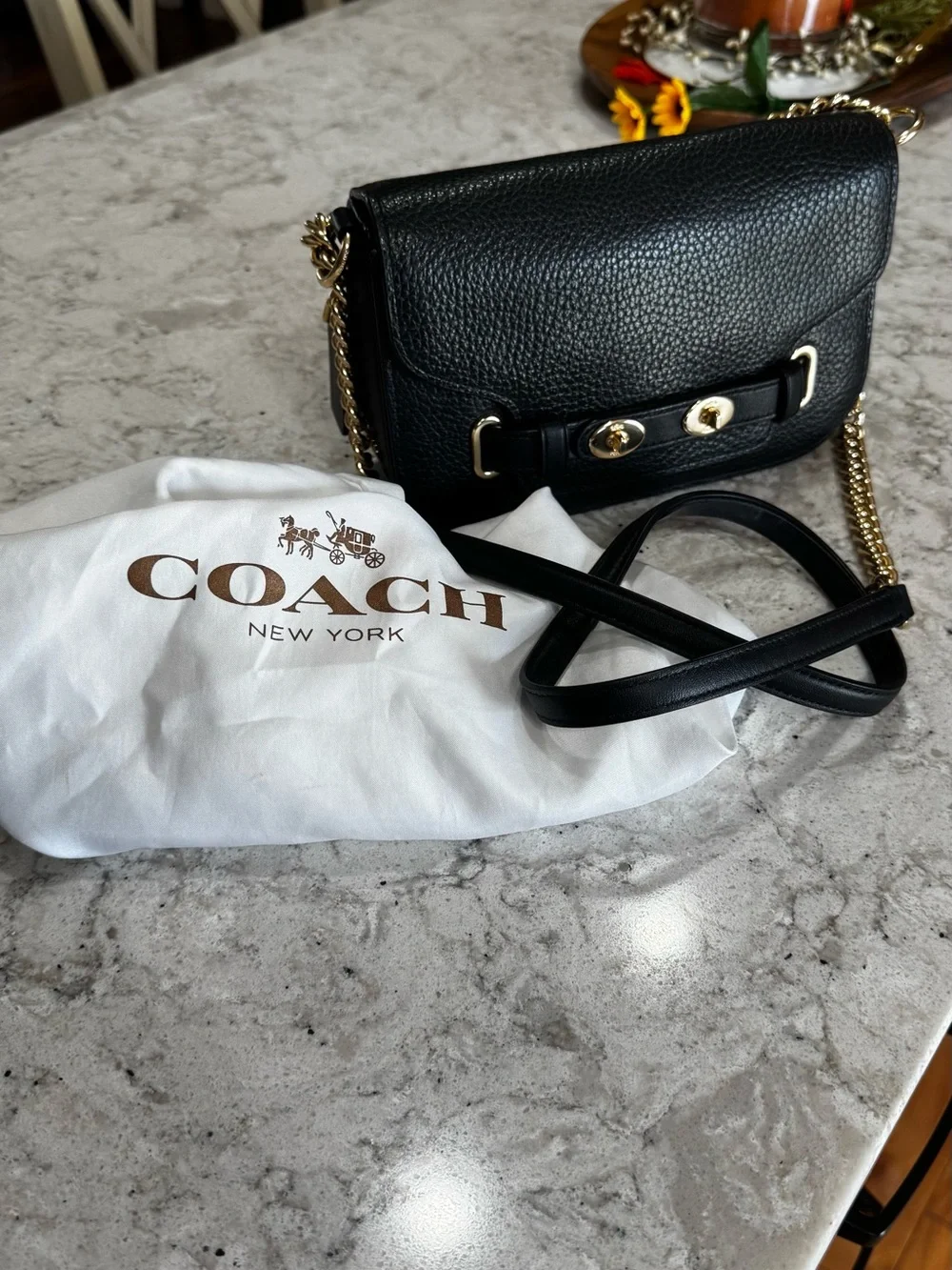 Coach Blake in Black  Pebbled Leather Shoulder Bag with Gold Chain